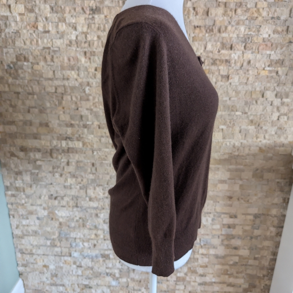 100% Cashmere Brown V-Neck Sweater Bow Accent Sz L Academia Vintage Inspired - Picture 2 of 11